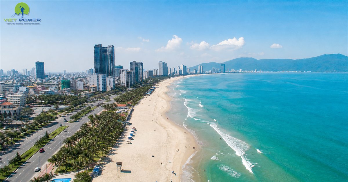 Aerial view of My Khe Beach and Da Nang skyline in the dry season