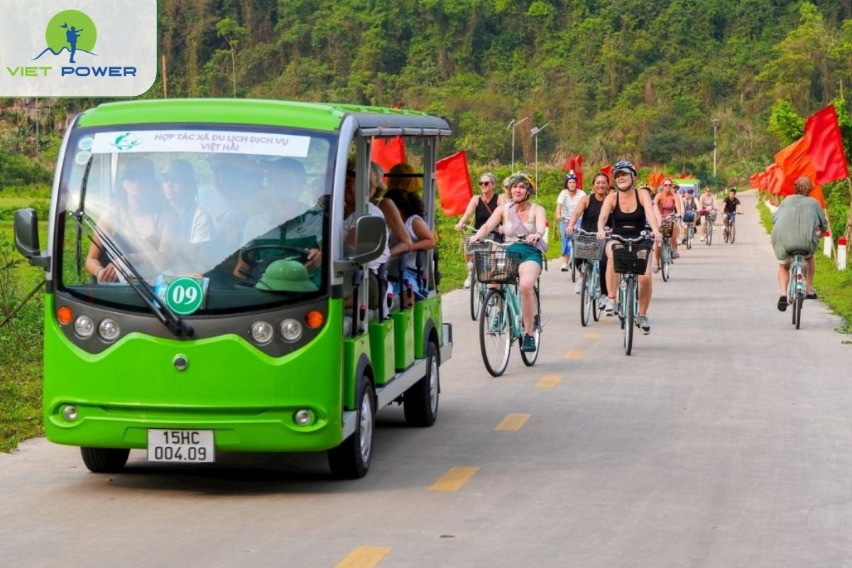 Riding an electric cart for a more relaxed pace at Viet Hai Village